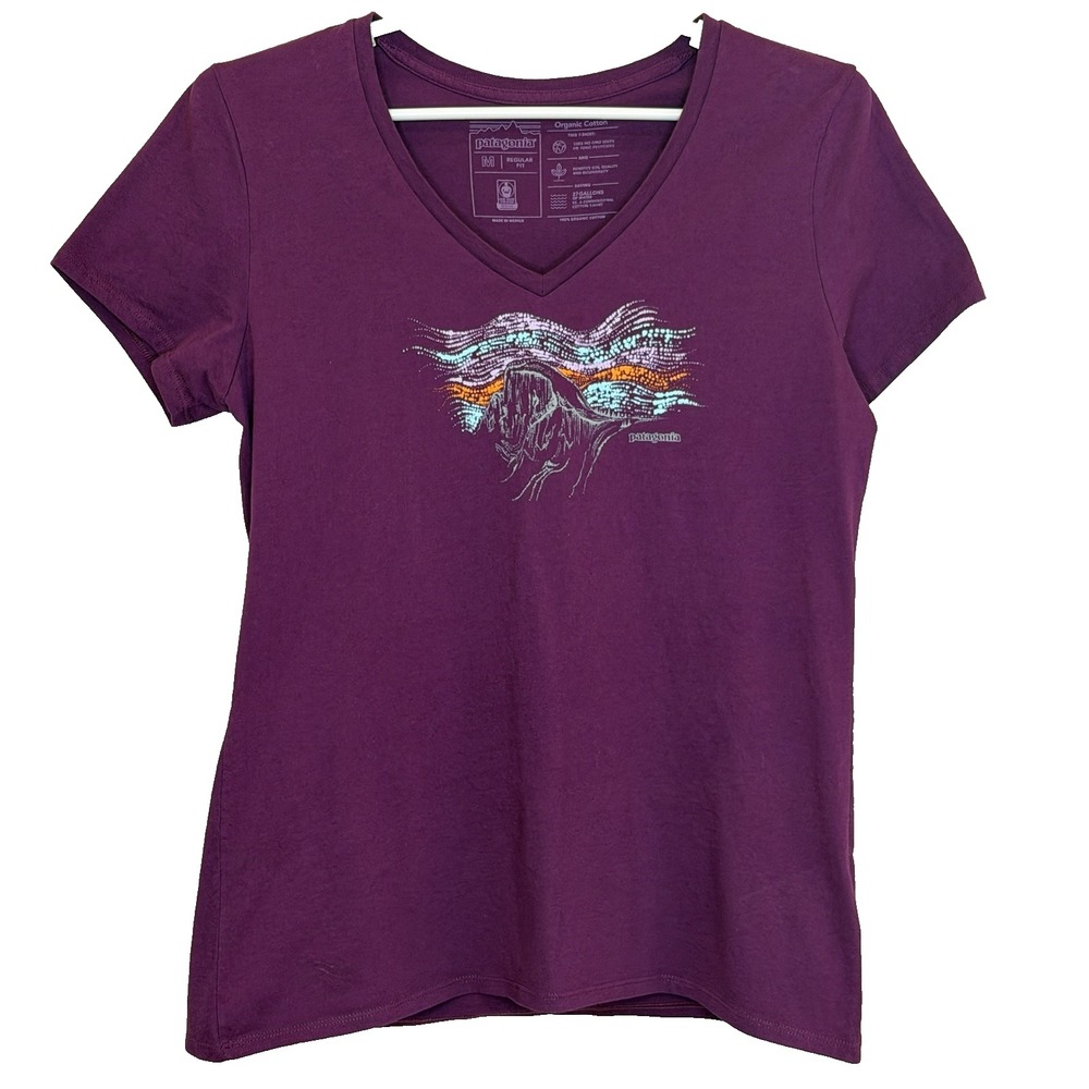 Patagonia Regular Fit Short Sleeve T-Shirt Womens Medium Purple V-Neck Cotton